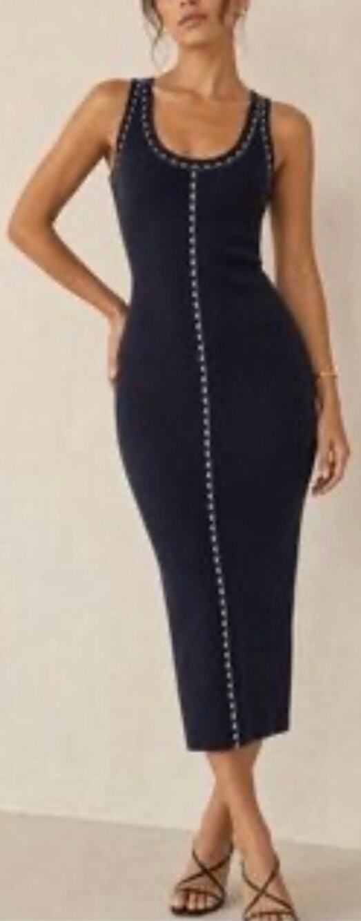 House of Harlow 1960 Navy Ribbed Knit Dress Medium White Stitching REVOLVE